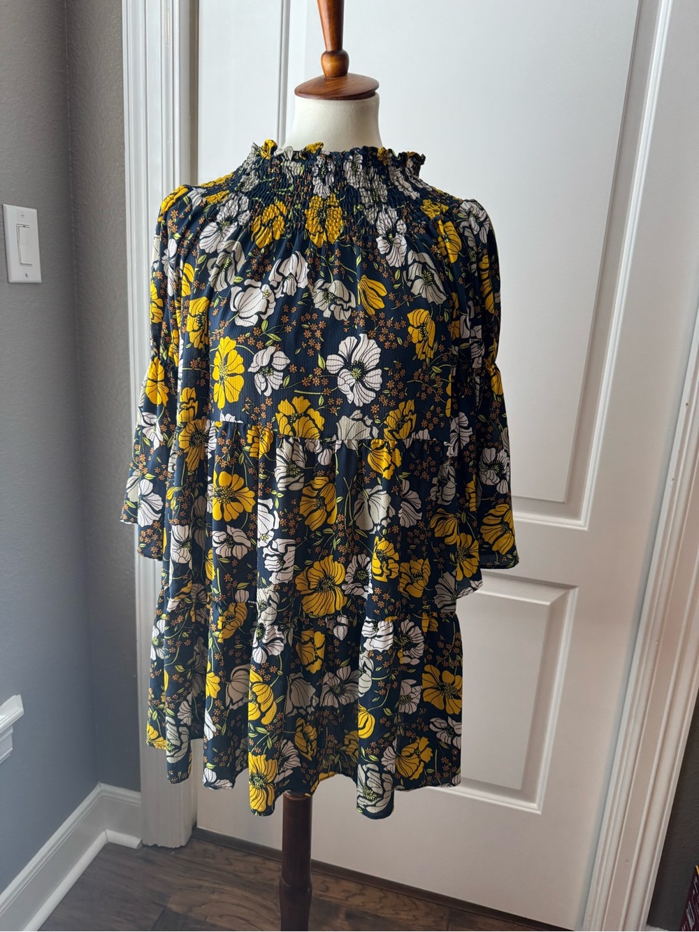 Smocked Floral Mini Dress in Navy, Mustard & Cream